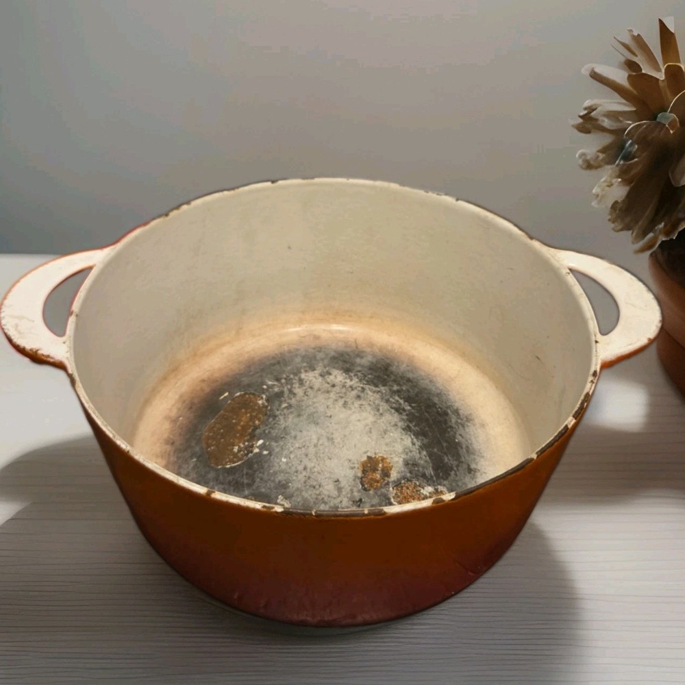 Vintage Descoware  Orange Enamel Cast Iron Pot Belgium for Home Decor or Plant